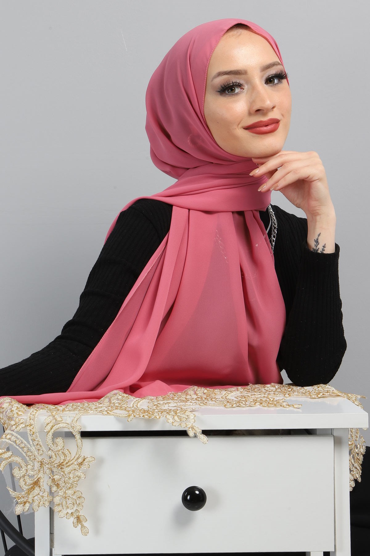 Dantelli Şifon Şal Pudra 3014