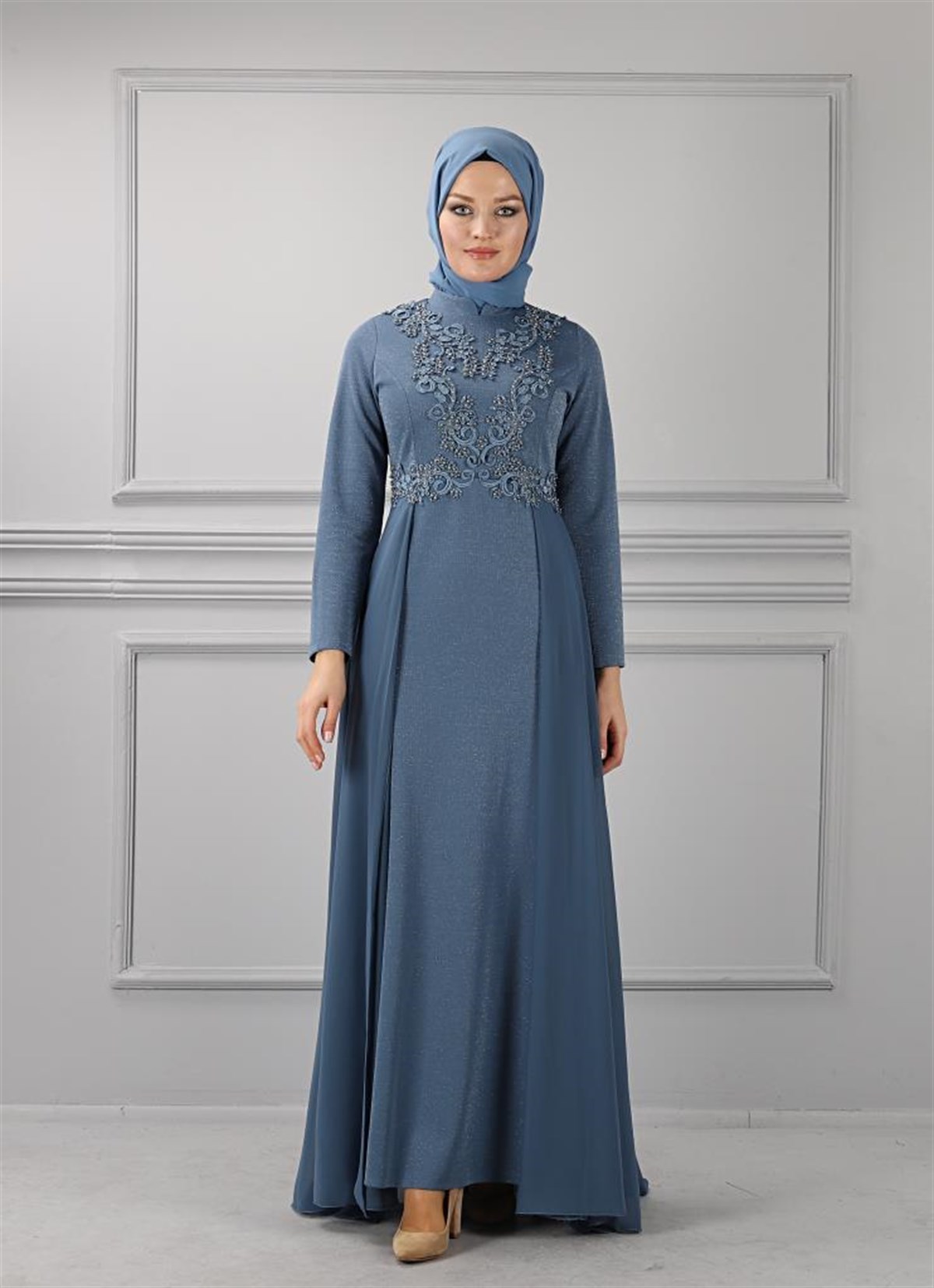 Dantelli Simli Tesettür Elbise Bebe Mavisi Bebe Mavisi 8953-1