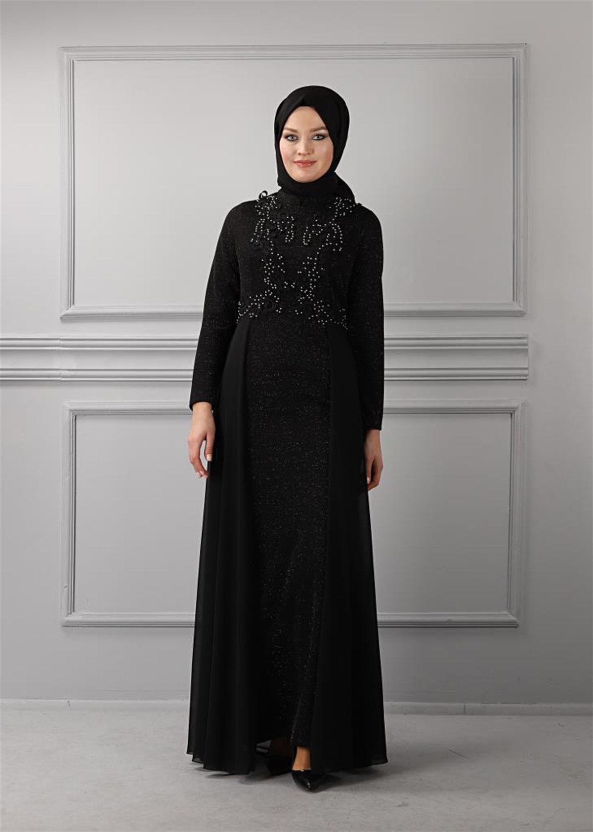 Dantelli Simli Tesettür Elbise Siyah Siyah 8953-2