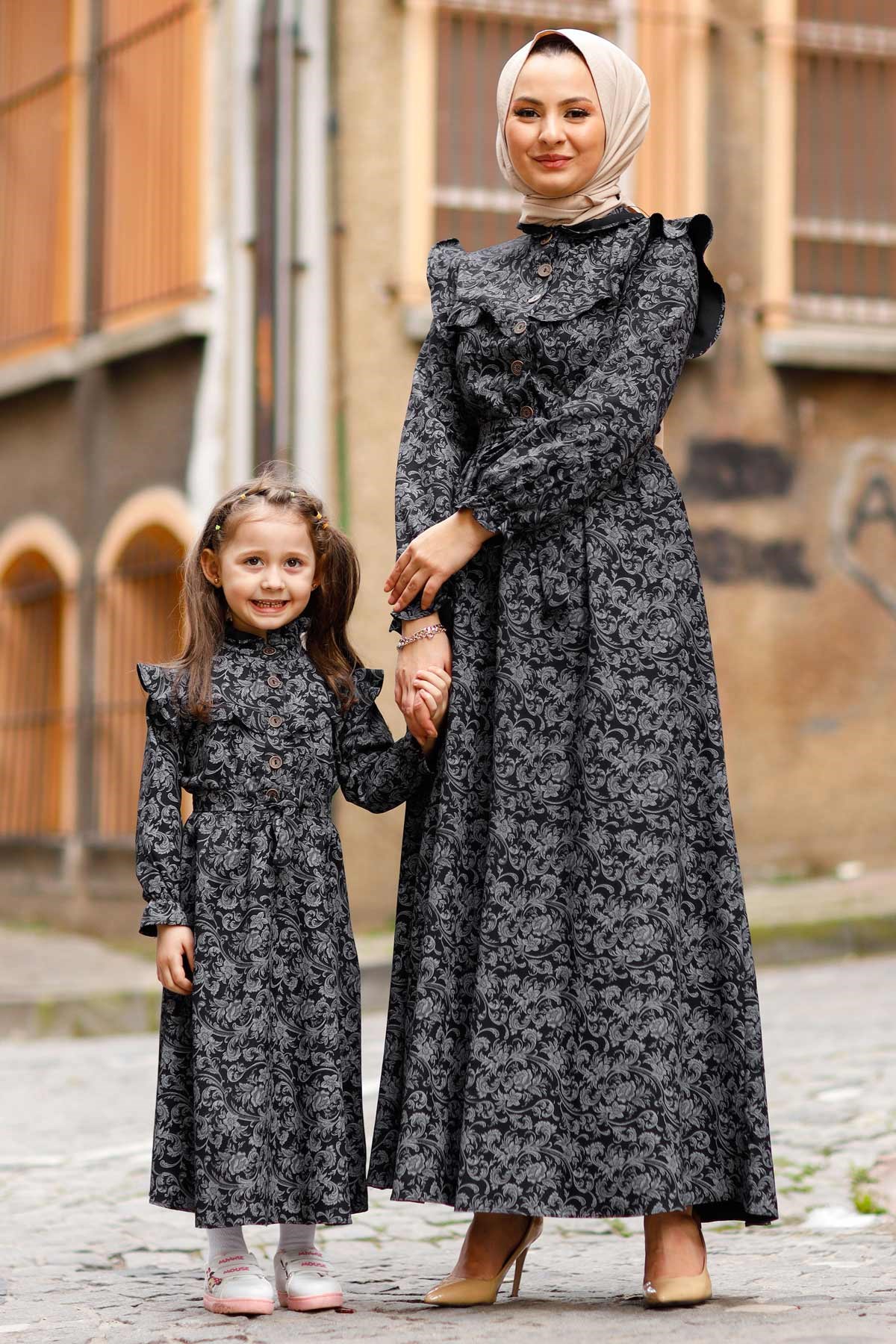 Desenli Fırfırlı Çocuk Elbise Siyah 10685