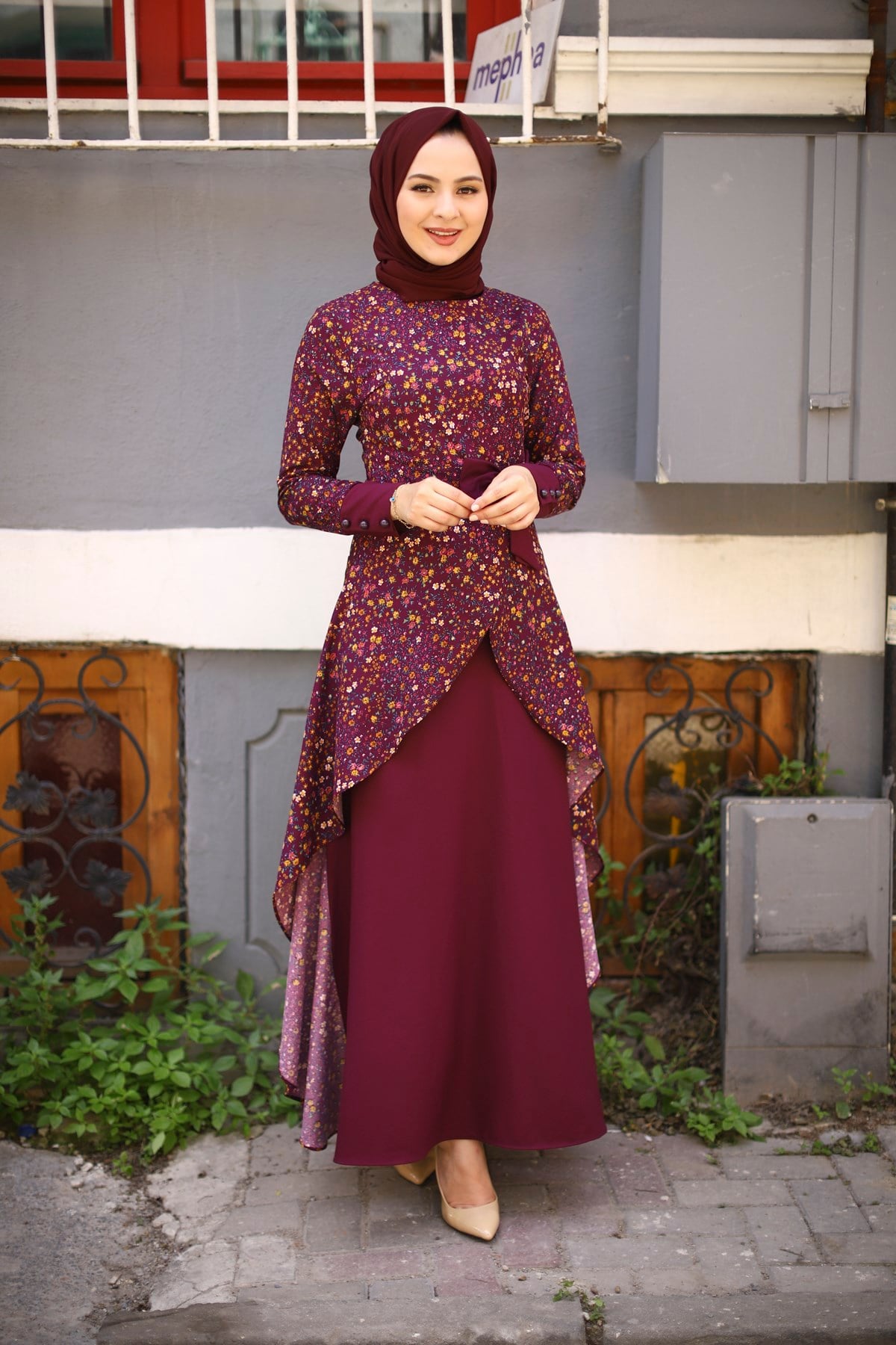 Desenli Fiyonklu Tesettür Ebise Mürdüm Mürdüm 8790-2