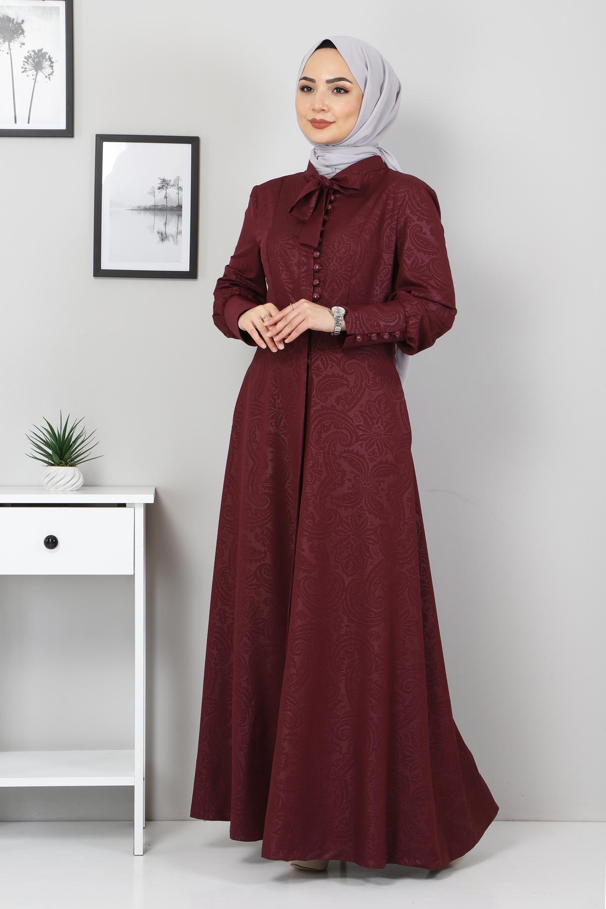 Desenli Fularlı Tesettür Elbise Mürdüm 10110