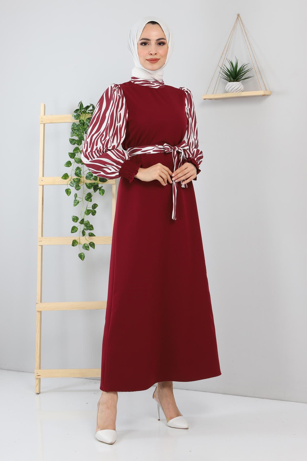 Desenli Kemerli Elbise Bordo 12300