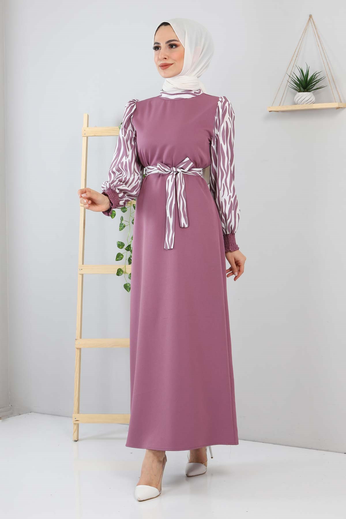 Desenli Kemerli Elbise Lila 12300