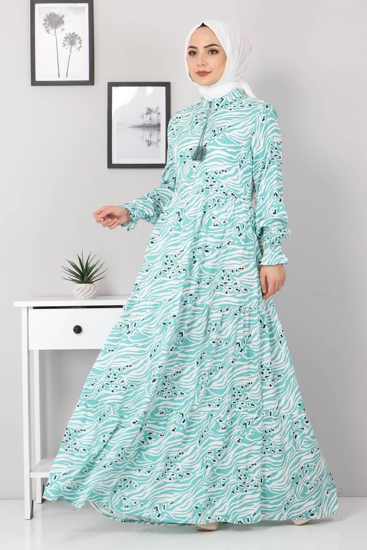 Desenli Pileli Tesettür Elbise Mint 9927