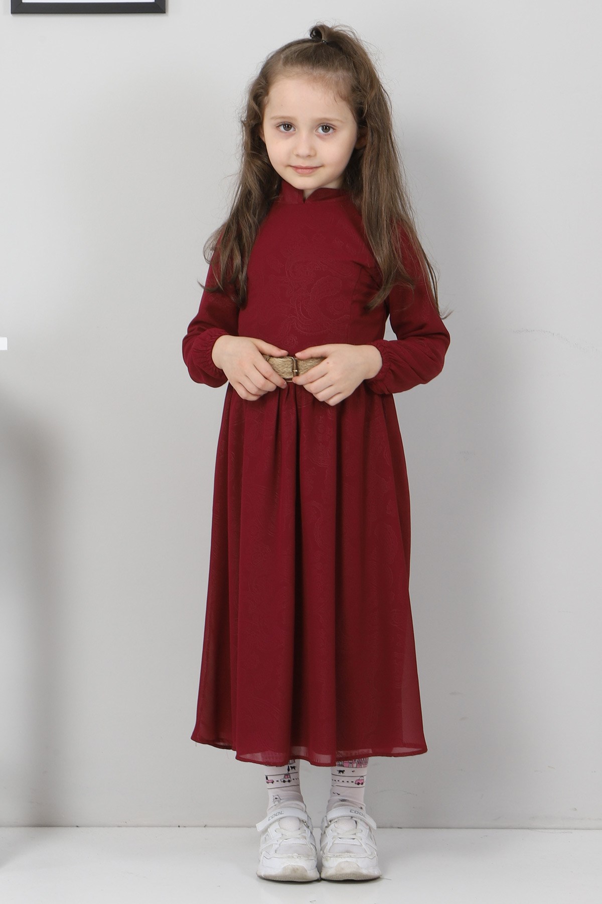 Desenli Şifon Çocuk Elbise Bordo 10119