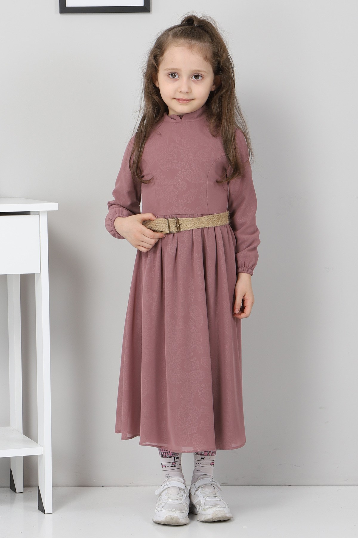 Desenli Şifon Çocuk Elbise Lila 10119