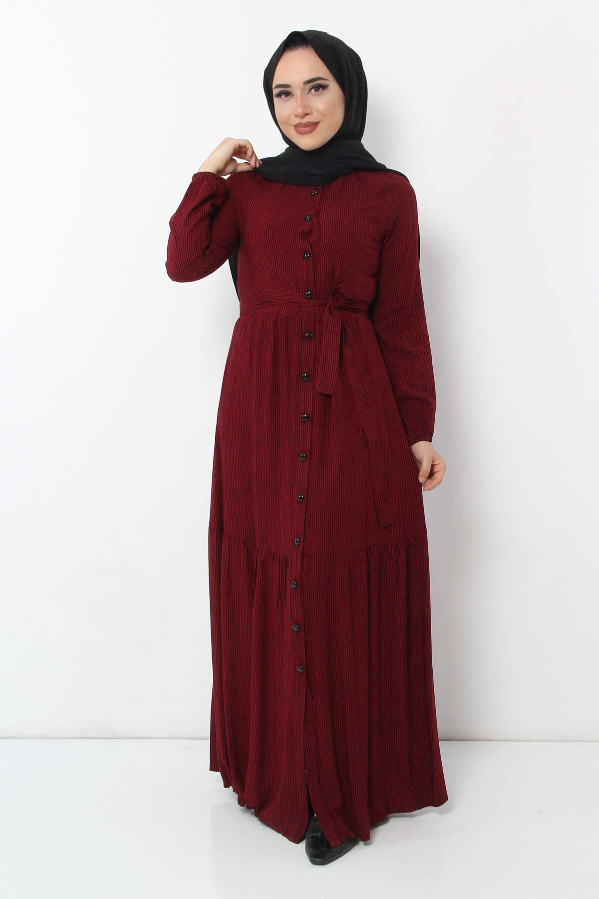 Desenli Tesettür Elbise Bordo Bordo 10130-4