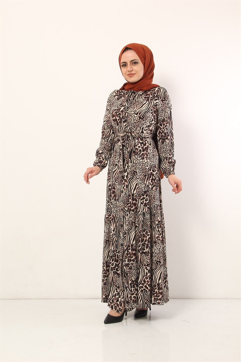 Desenli Tesettür Elbise Leopar Vizon 10130-2