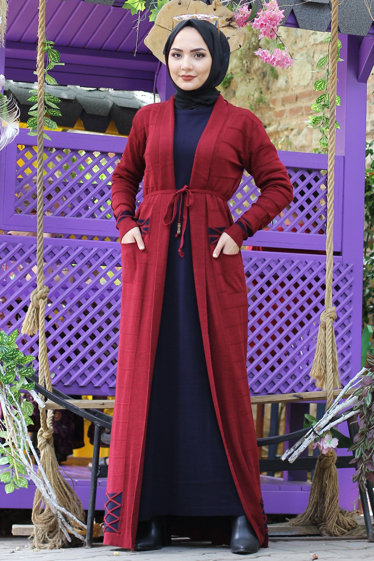 Desenli Tesettür Triko Kombin Bordo Bordo 0725-1