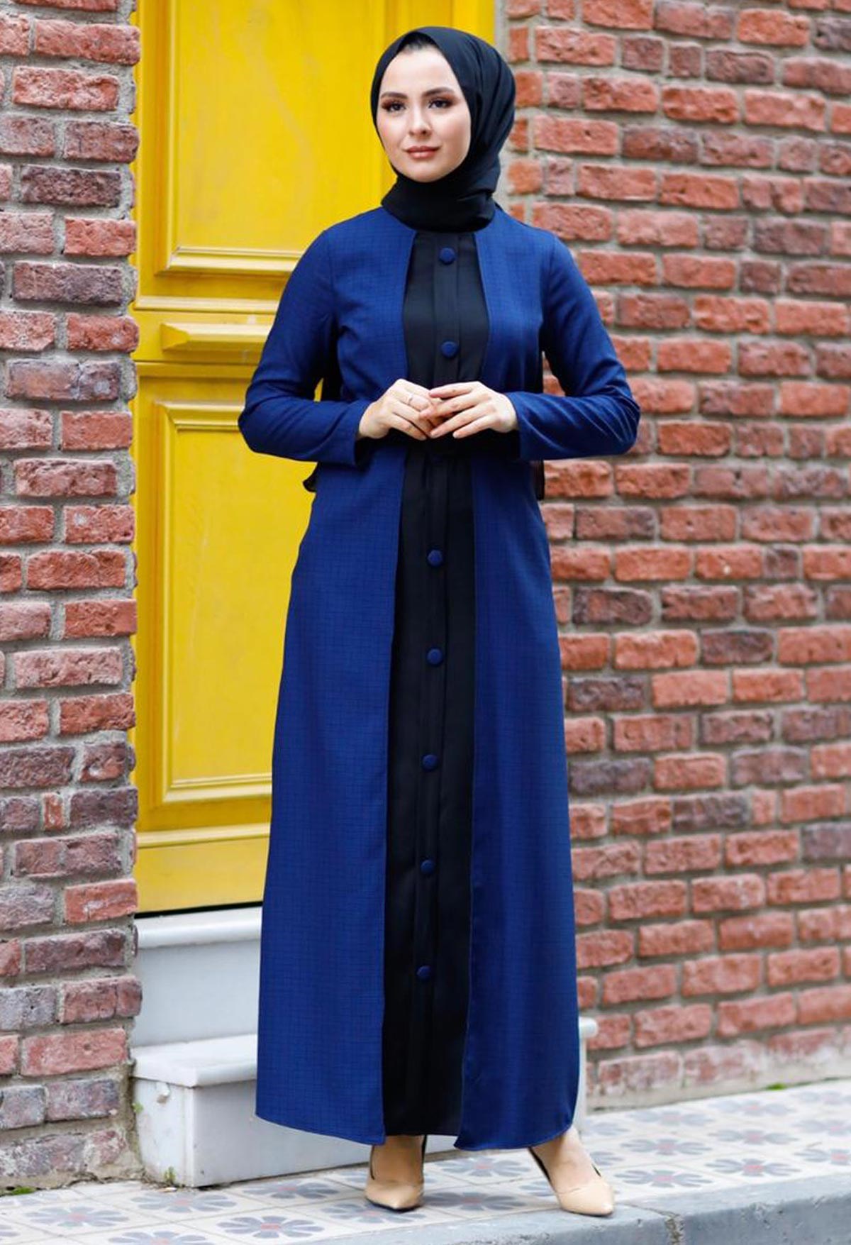 Düğme Aksesuarlı Tesettür Elbise İndigo 10409