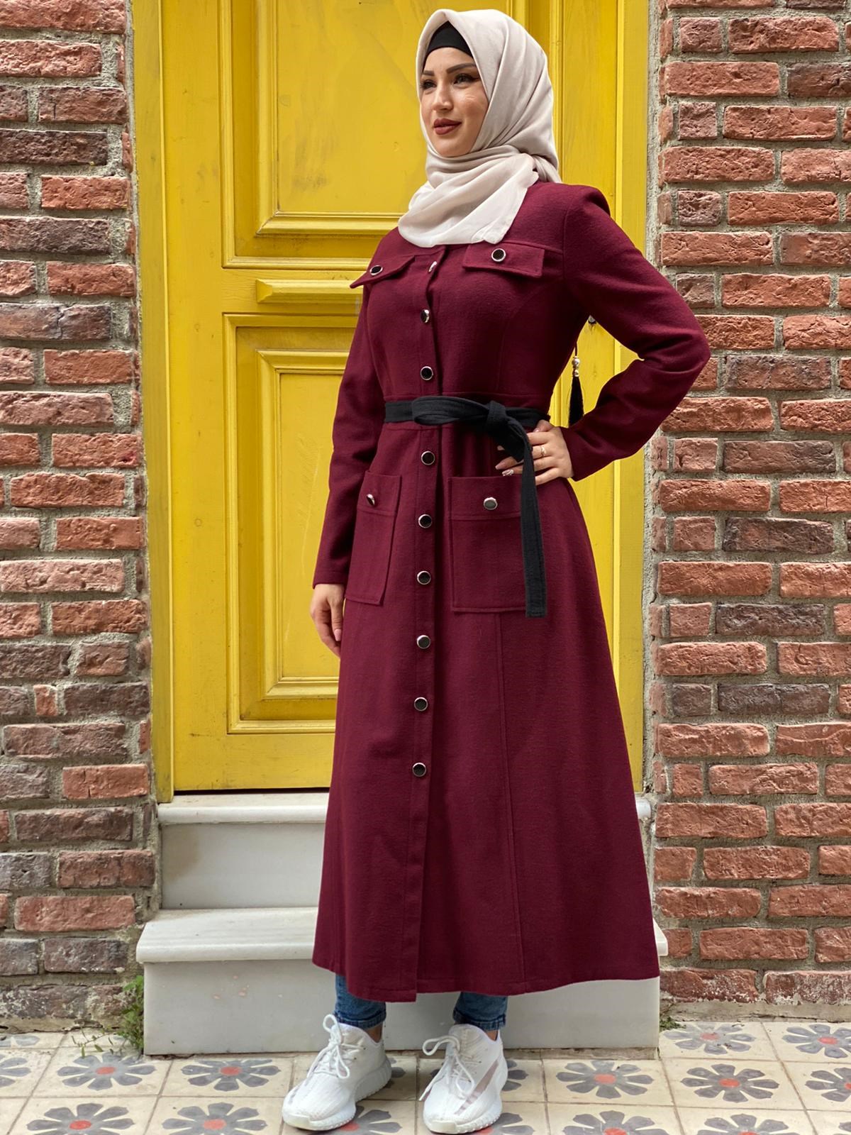 Düğme Detay Tesettür Kaşe Bordo Bordo 10206-6