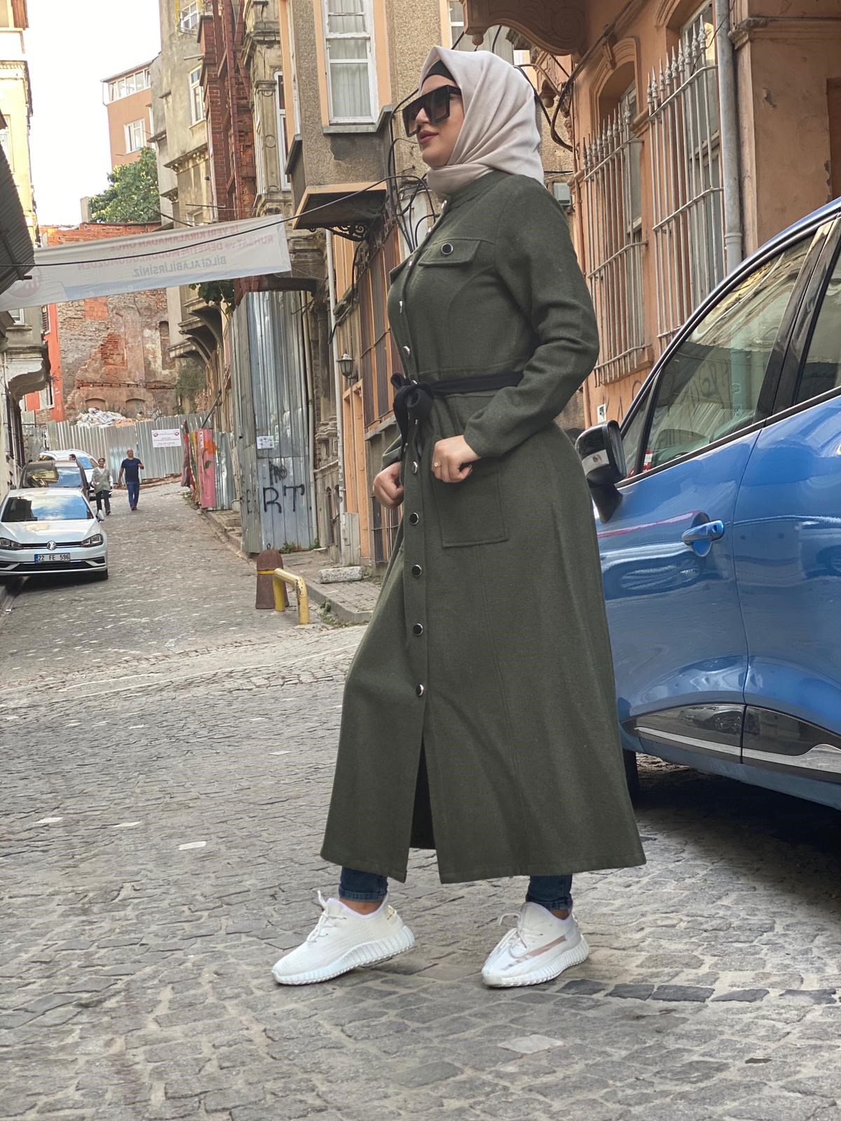 Düğme Detay Tesettür Kaşe Haki Haki 10206-3