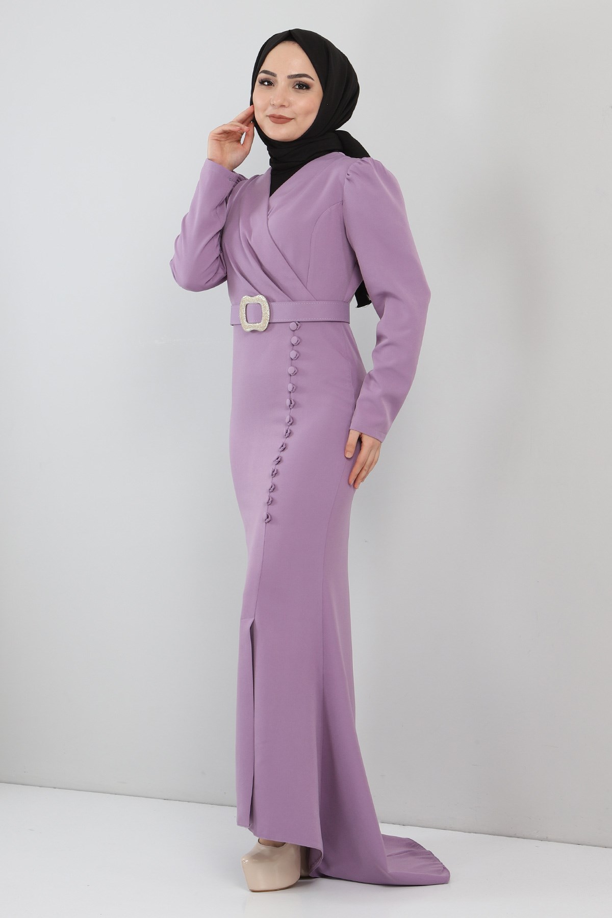 Düğme Detaylı Abiye Lila 11600