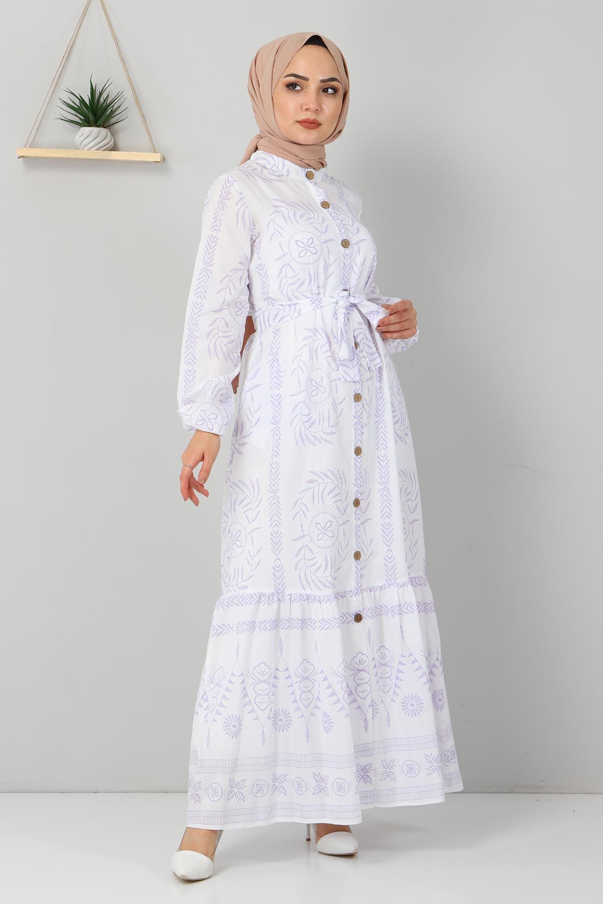 Düğme Detaylı Elbise Lila 10644