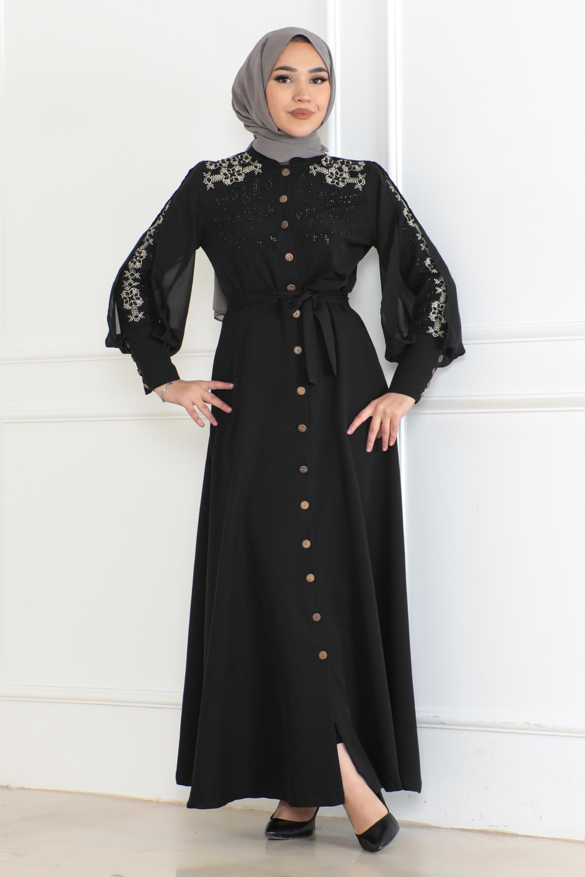 Düğme Detaylı Elbise Siyah 6118