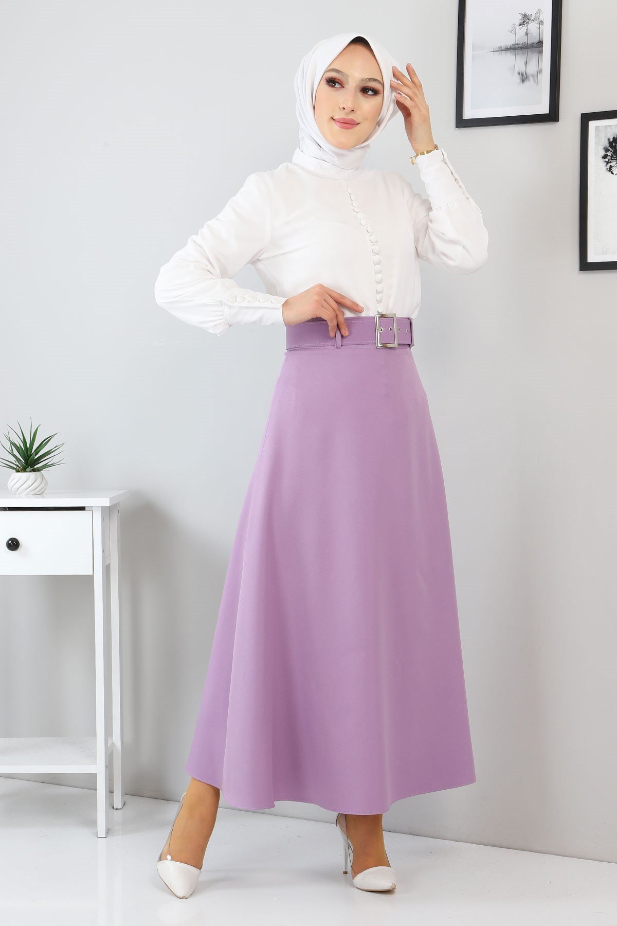 Düğme Detaylı Etekli Takım Ekru 10626