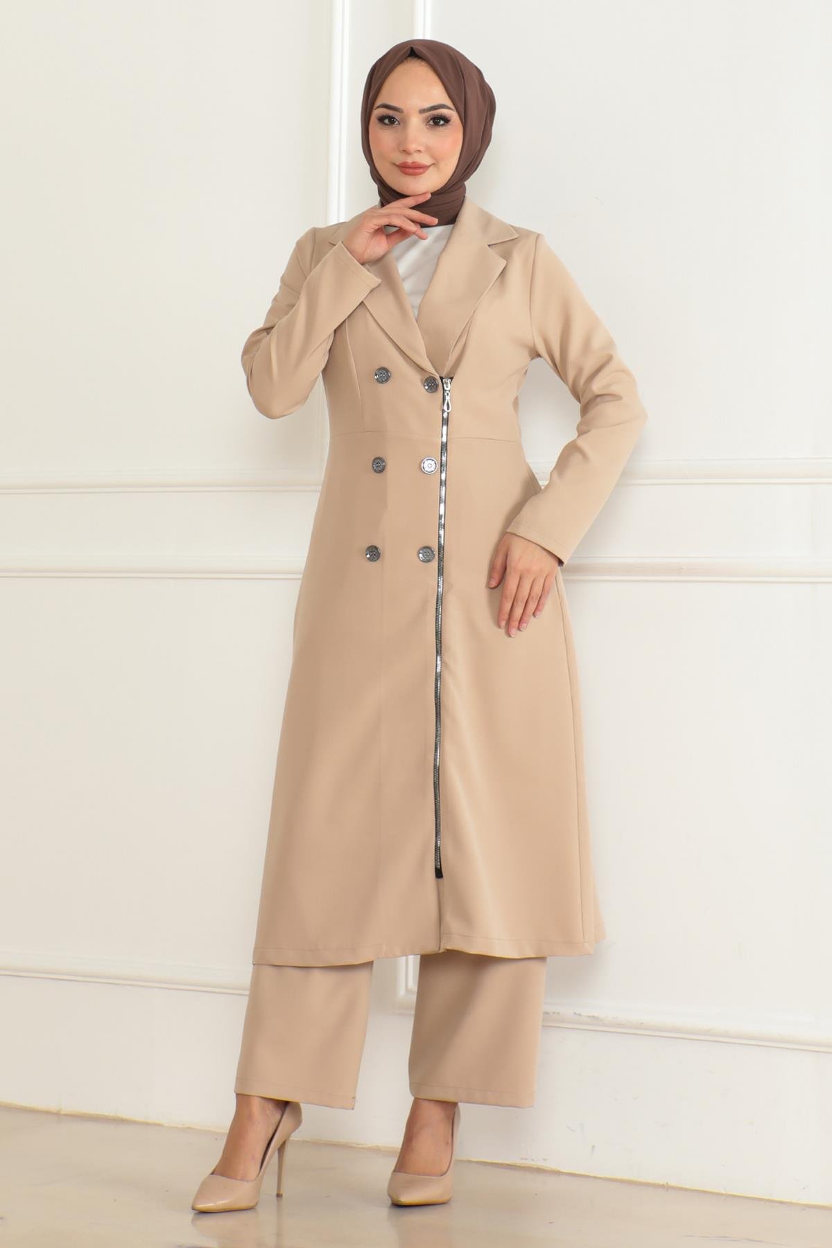 Düğme Detaylı Fermuarlı Takım Bej Bej MSW19219-5