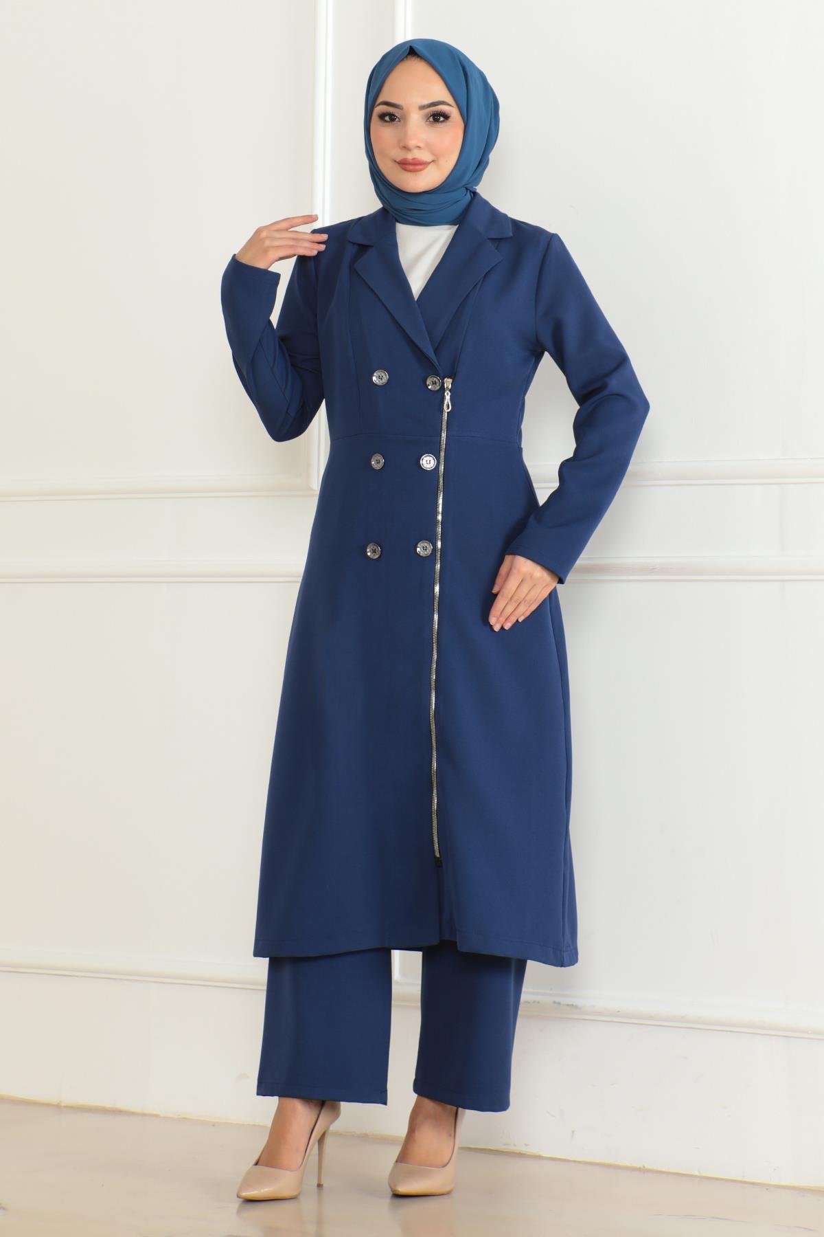 Düğme Detaylı Fermuarlı Takım İndigo İndigo MSW19219-2