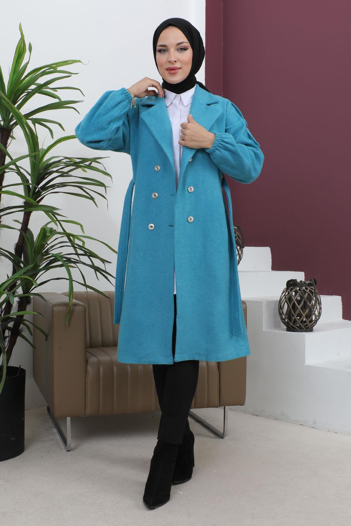 Düğme Detaylı Kaşe Kaban Mavi Mavi MSW19247-1