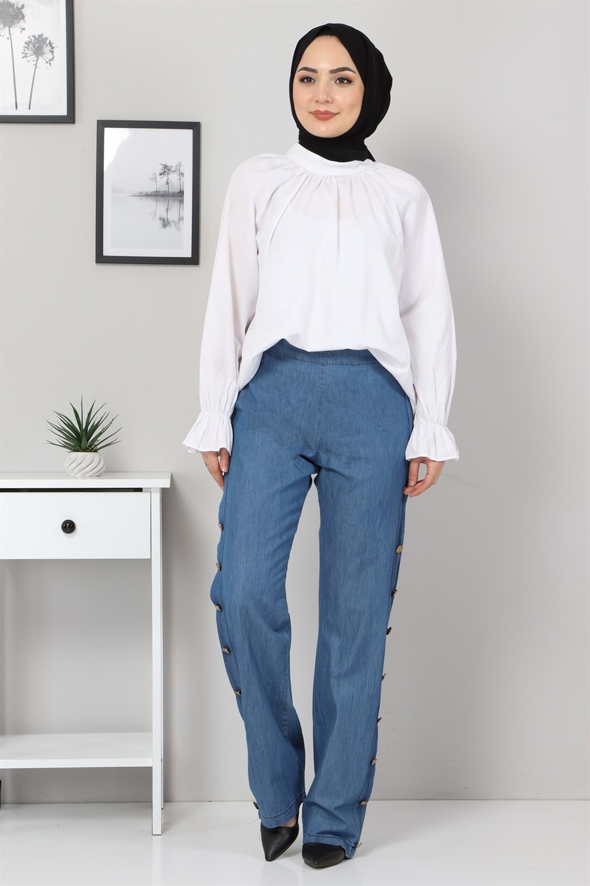 Düğme Detaylı Kot Pantolon Açık Kot 9536