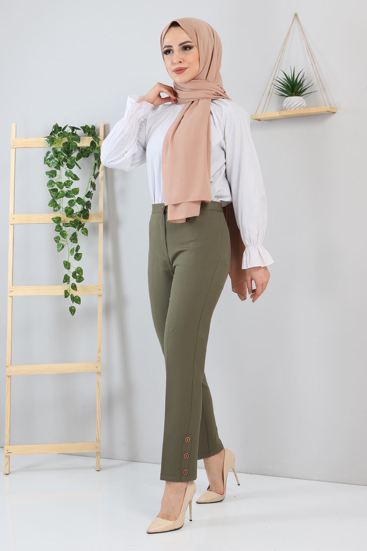 Düğme Detaylı Pantolon Haki 10632