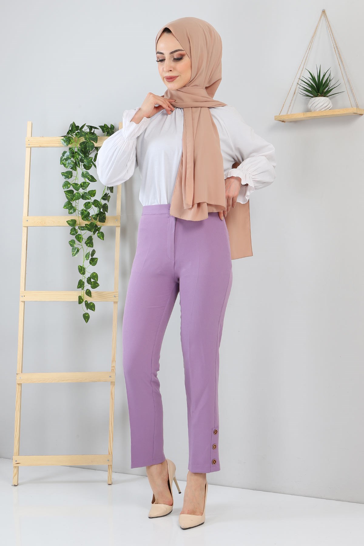 Düğme Detaylı Pantolon Lila 10632