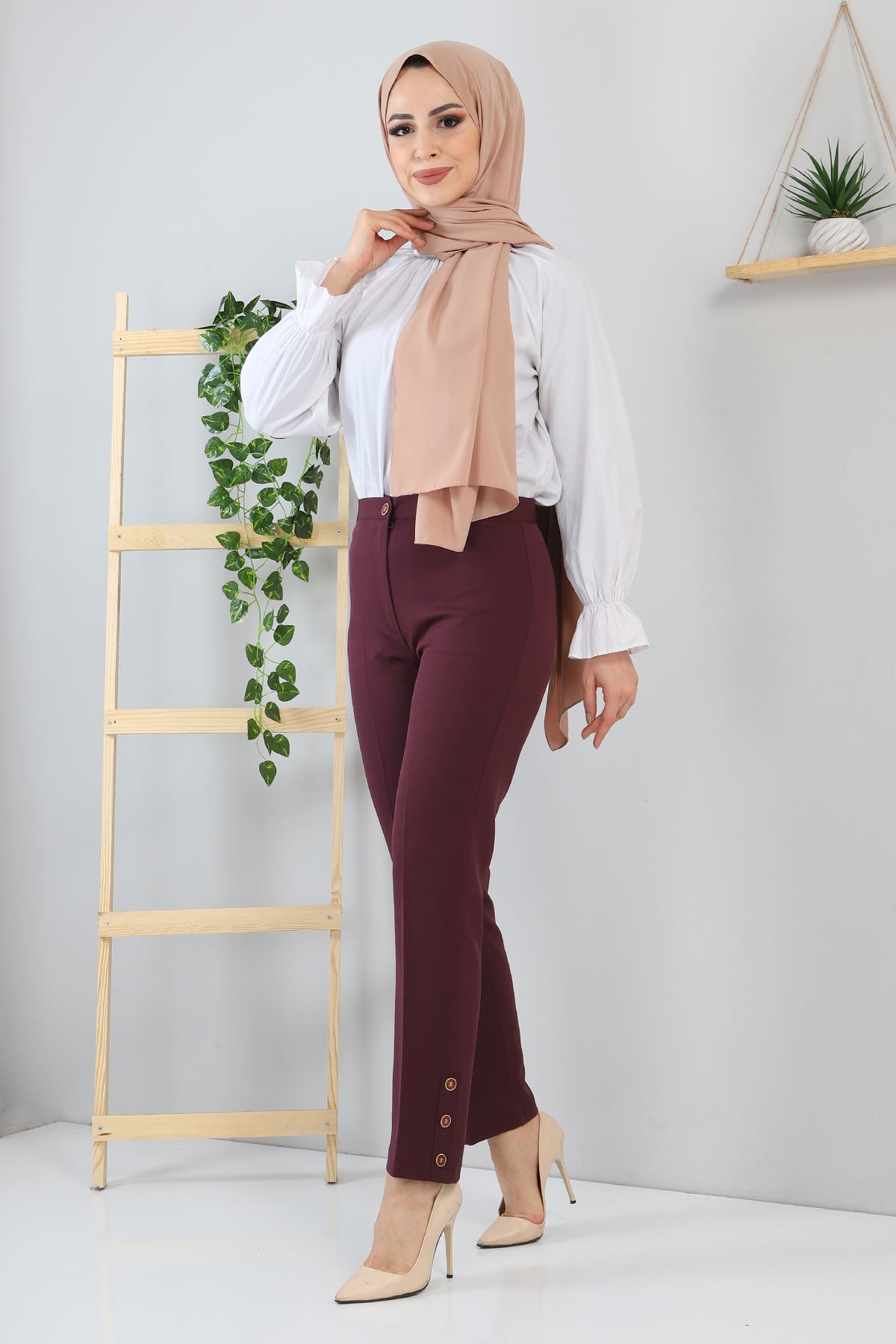Düğme Detaylı Pantolon Mürdüm 10632