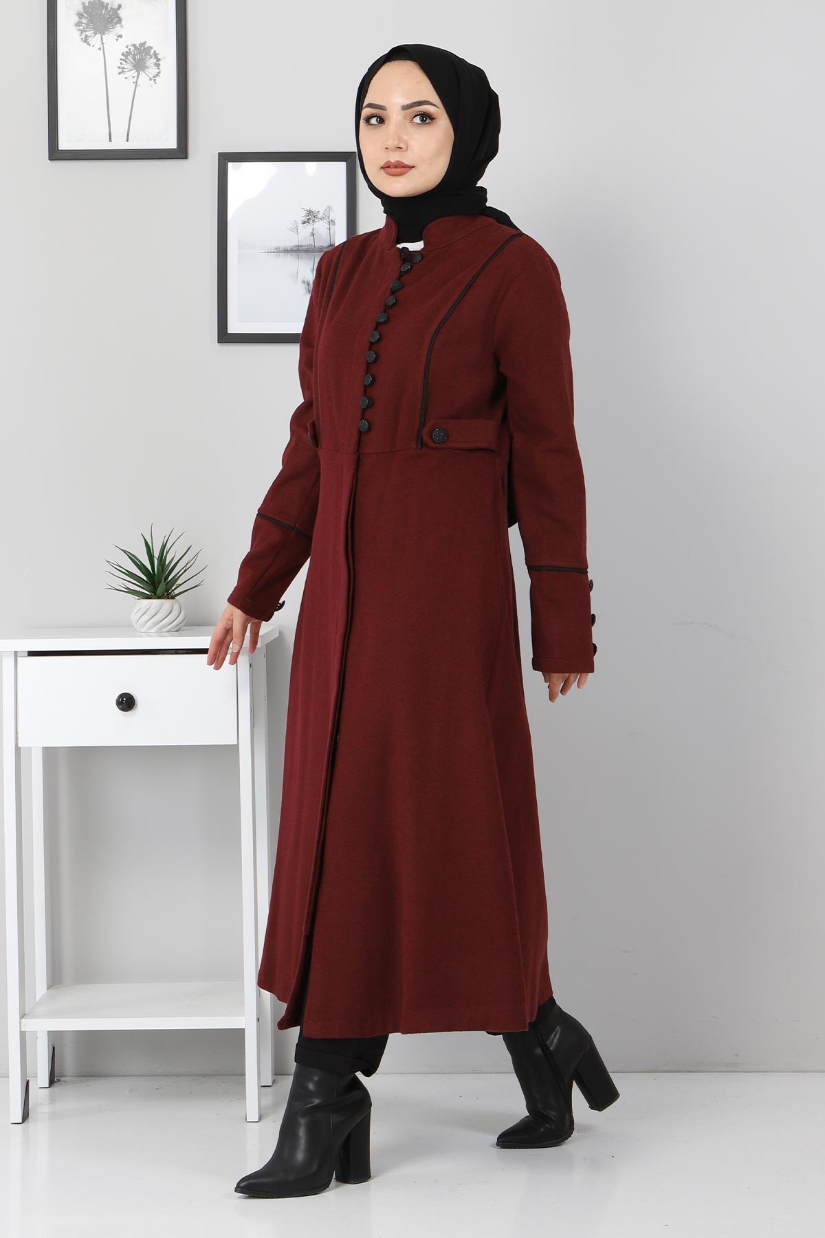 Düğme Detaylı Tesettür Kaşe Kaban Bordo 10142