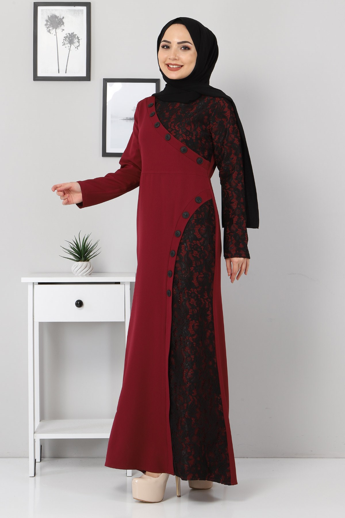 Düğmeli Dantelli Abiye Bordo 9979