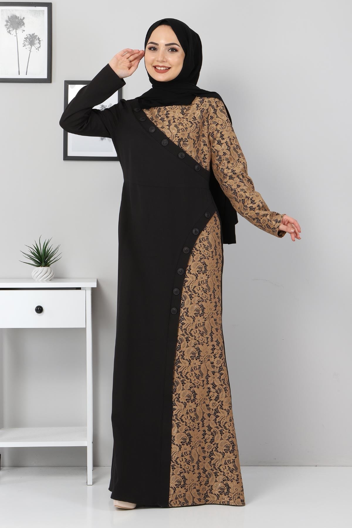 Düğmeli Dantelli Abiye Siyah 9979
