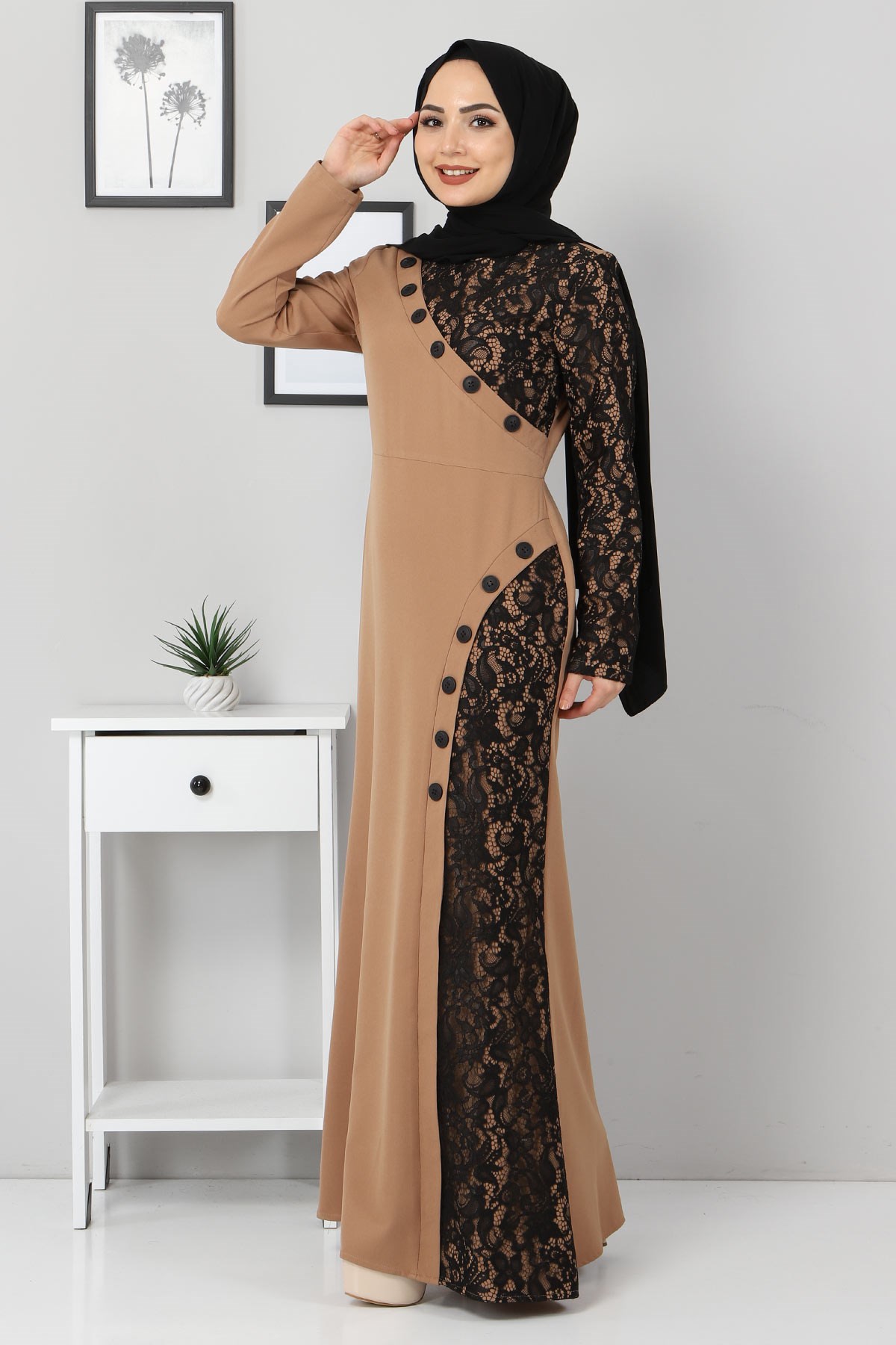 Düğmeli Dantelli Abiye Taba 9979