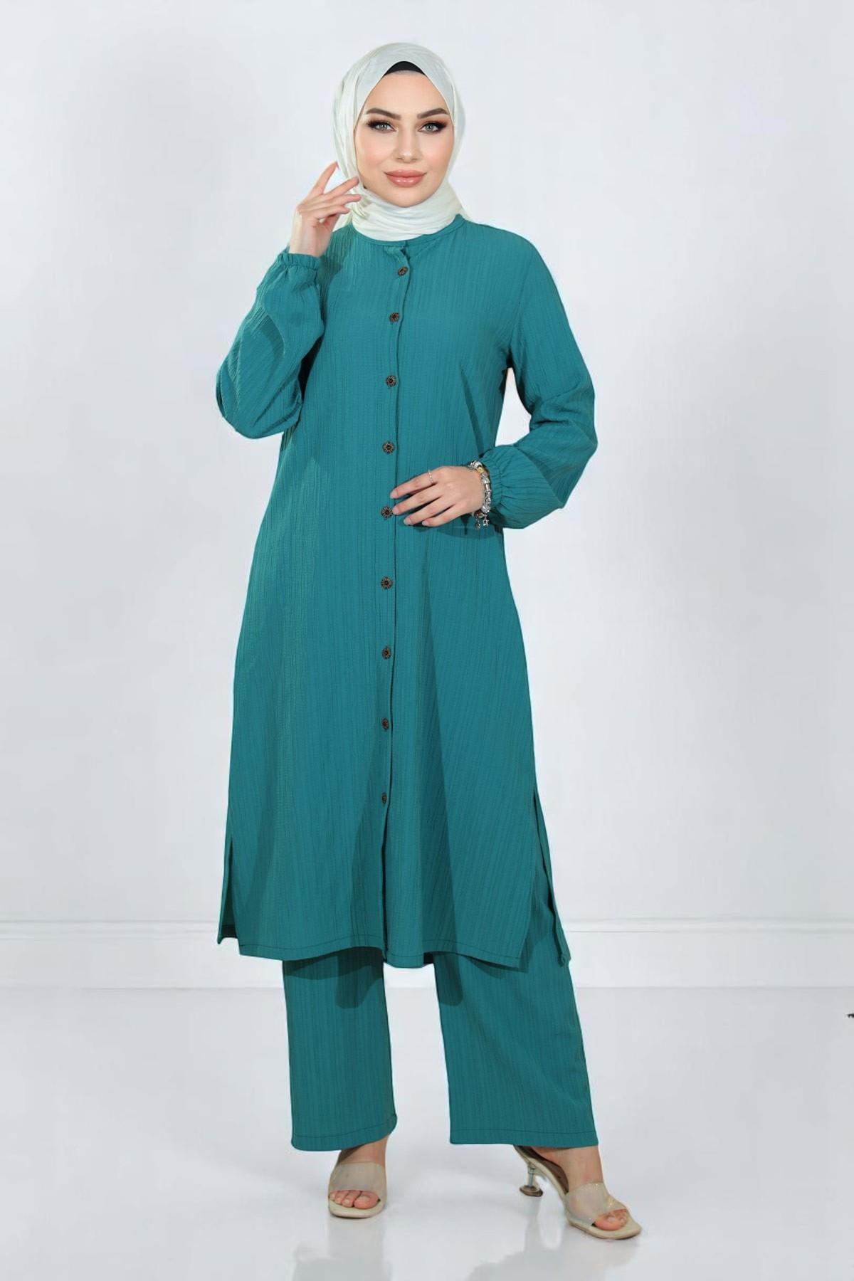 Düğmeli İkili Takım Turkuaz 19179