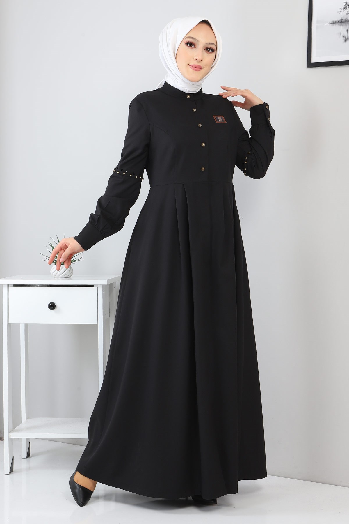 Düğmeli İncili Ferace Siyah 9029