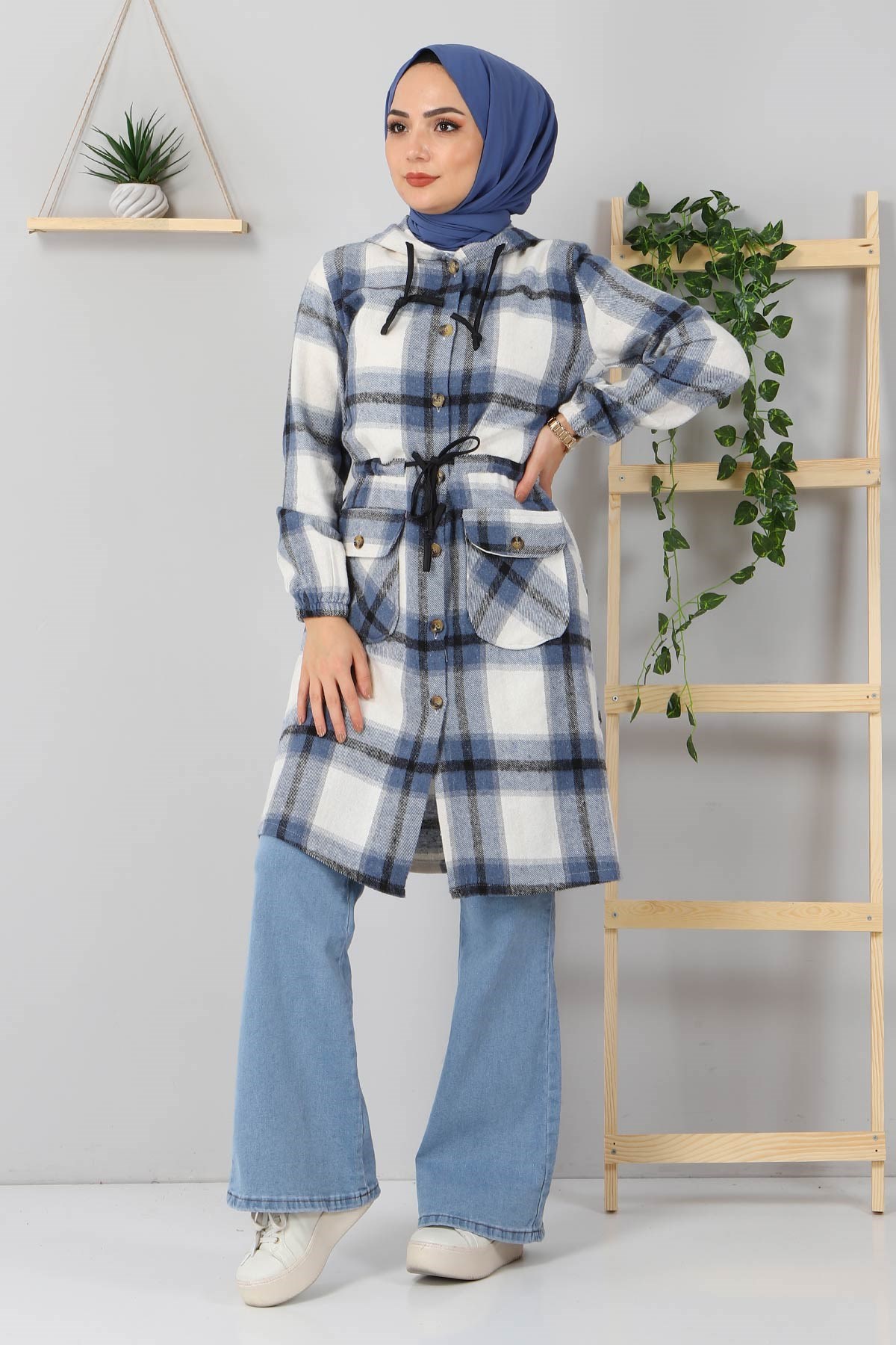 Düğmeli Kapşonlu Kap Mavi 10125