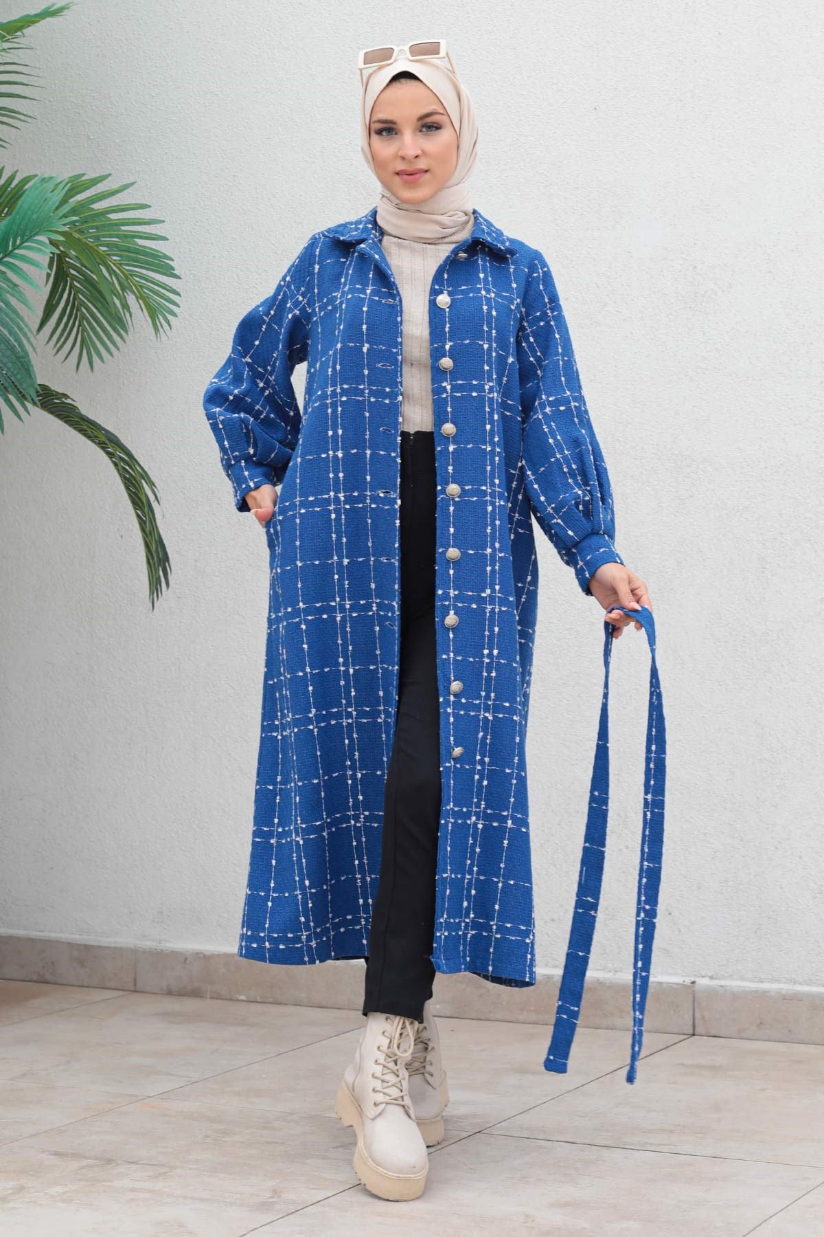 Düğmeli Kaşe Kaban Mavi 19600