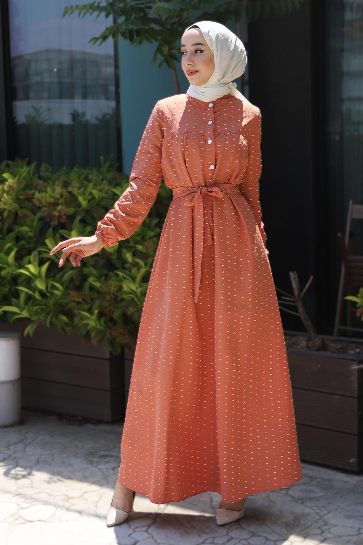 Düğmeli Kemerli Elbise Somon 10134