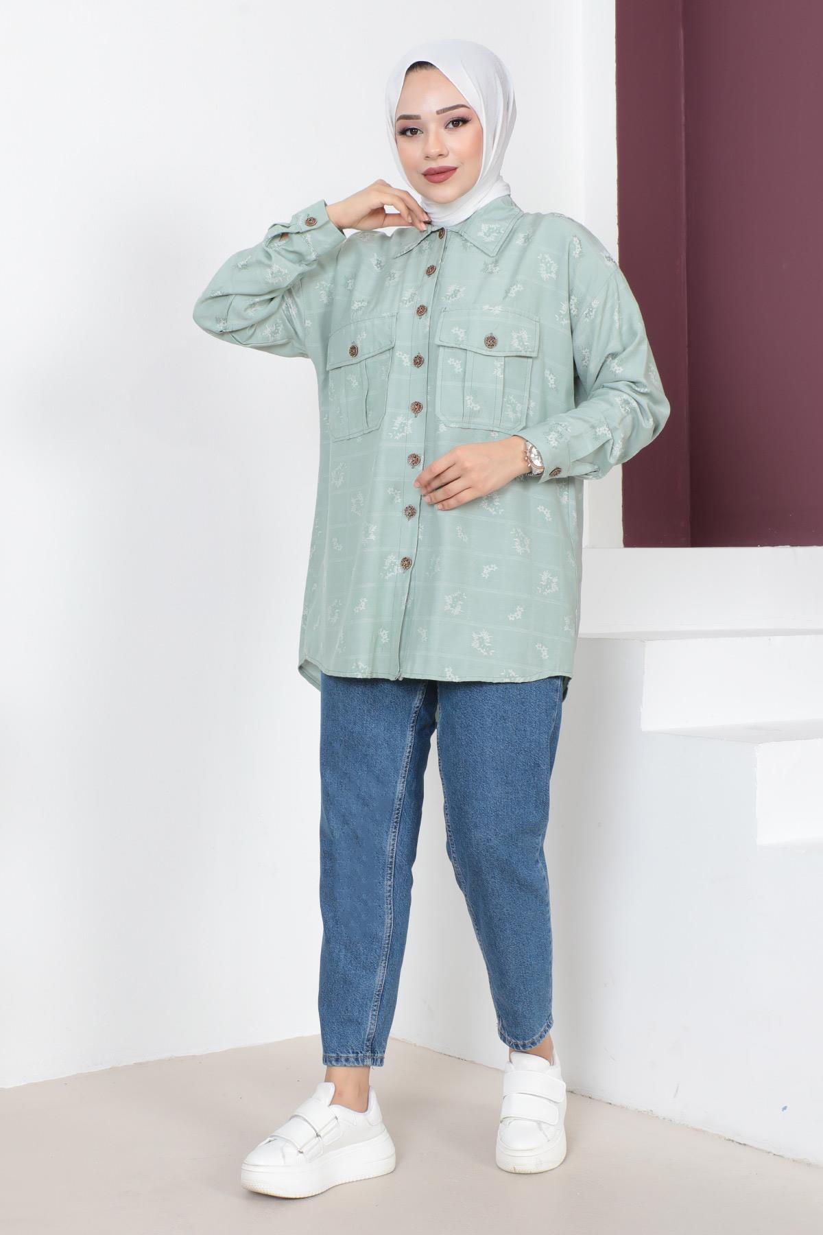 Düğmeli Oversize Gömlek Mint 6072