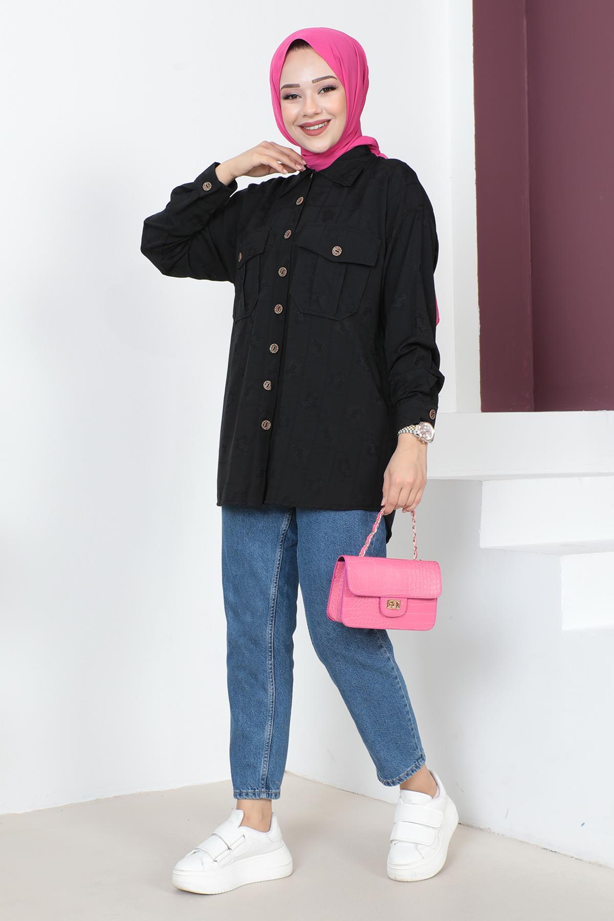Düğmeli Oversize Gömlek Siyah 6072