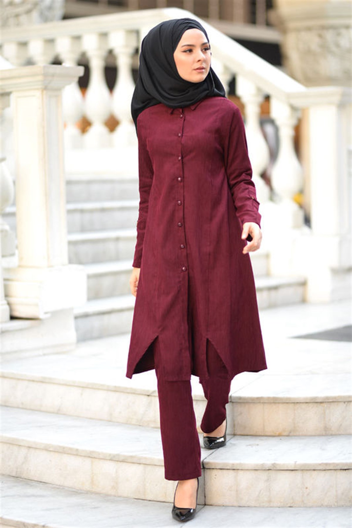 Düğmeli Tesettür Kombin Bordo Bordo 9696-5