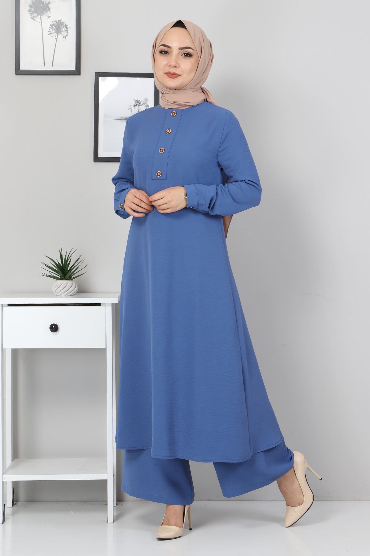 Düğmeli Tesettür Kombin Mavi 10359