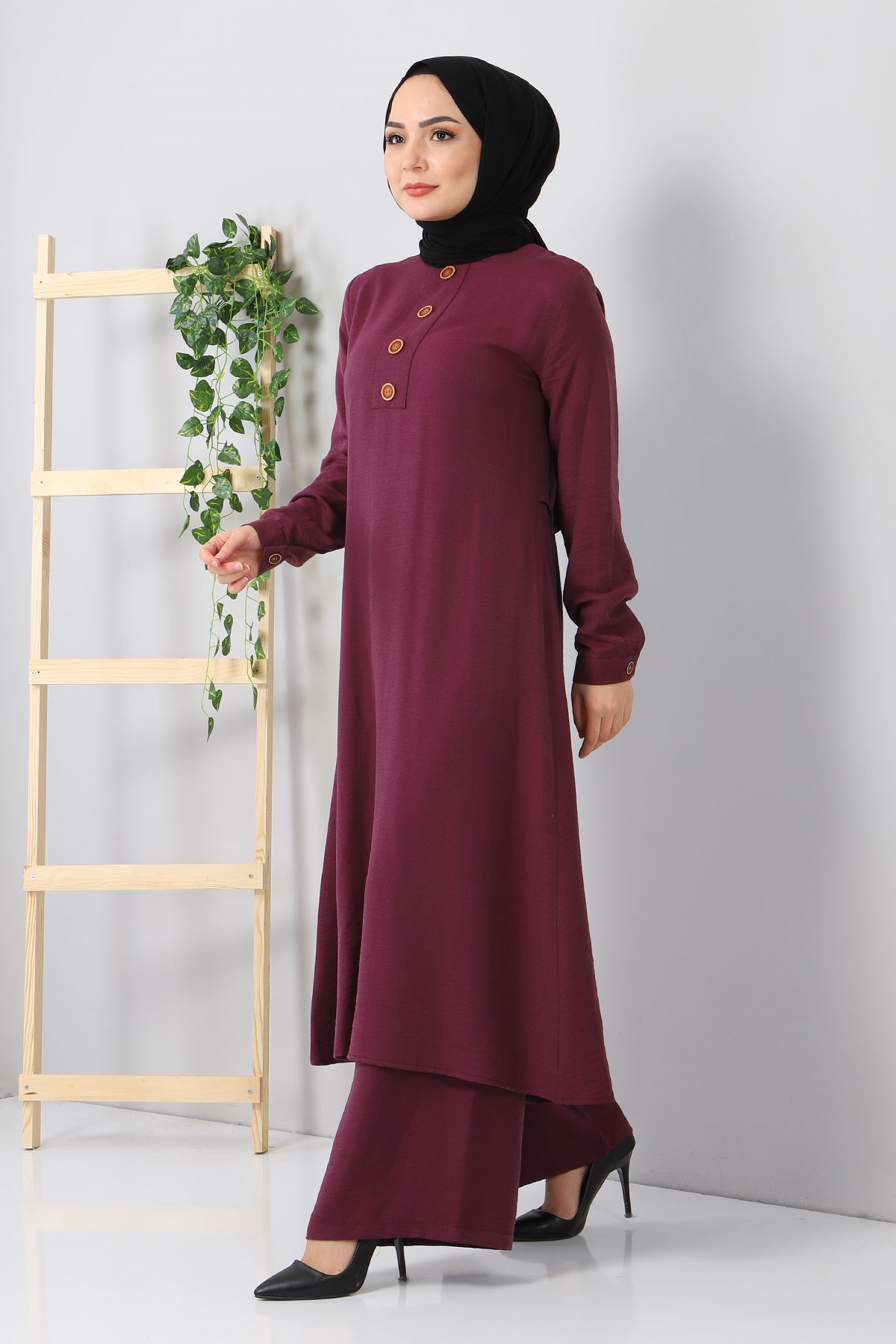 Düğmeli Tesettür Kombin Mürdüm 10359