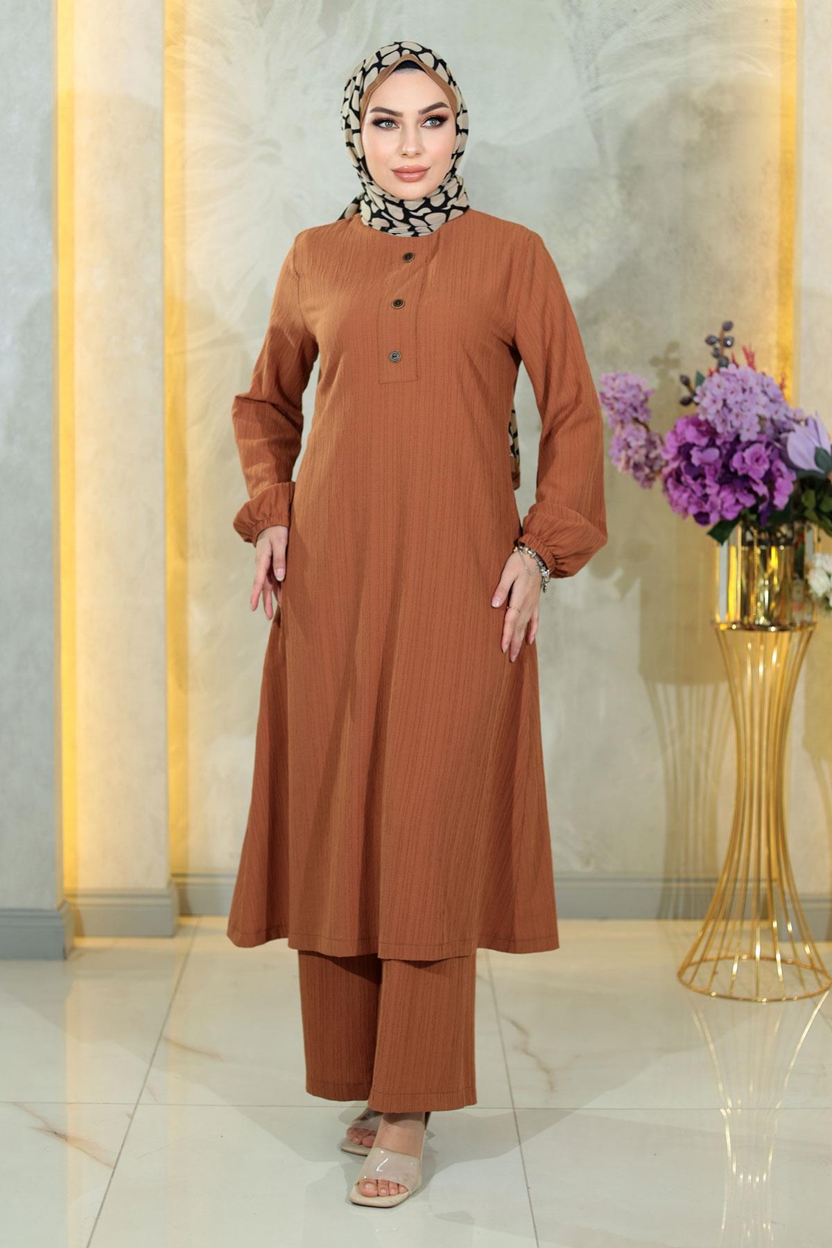 Düğmeli Tesettür Takım Taba Taba MSW10358-5