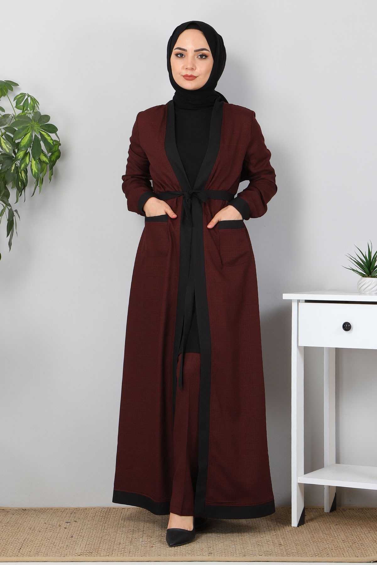 Ekose Desenli Tesettür Kombin Bordo 10396