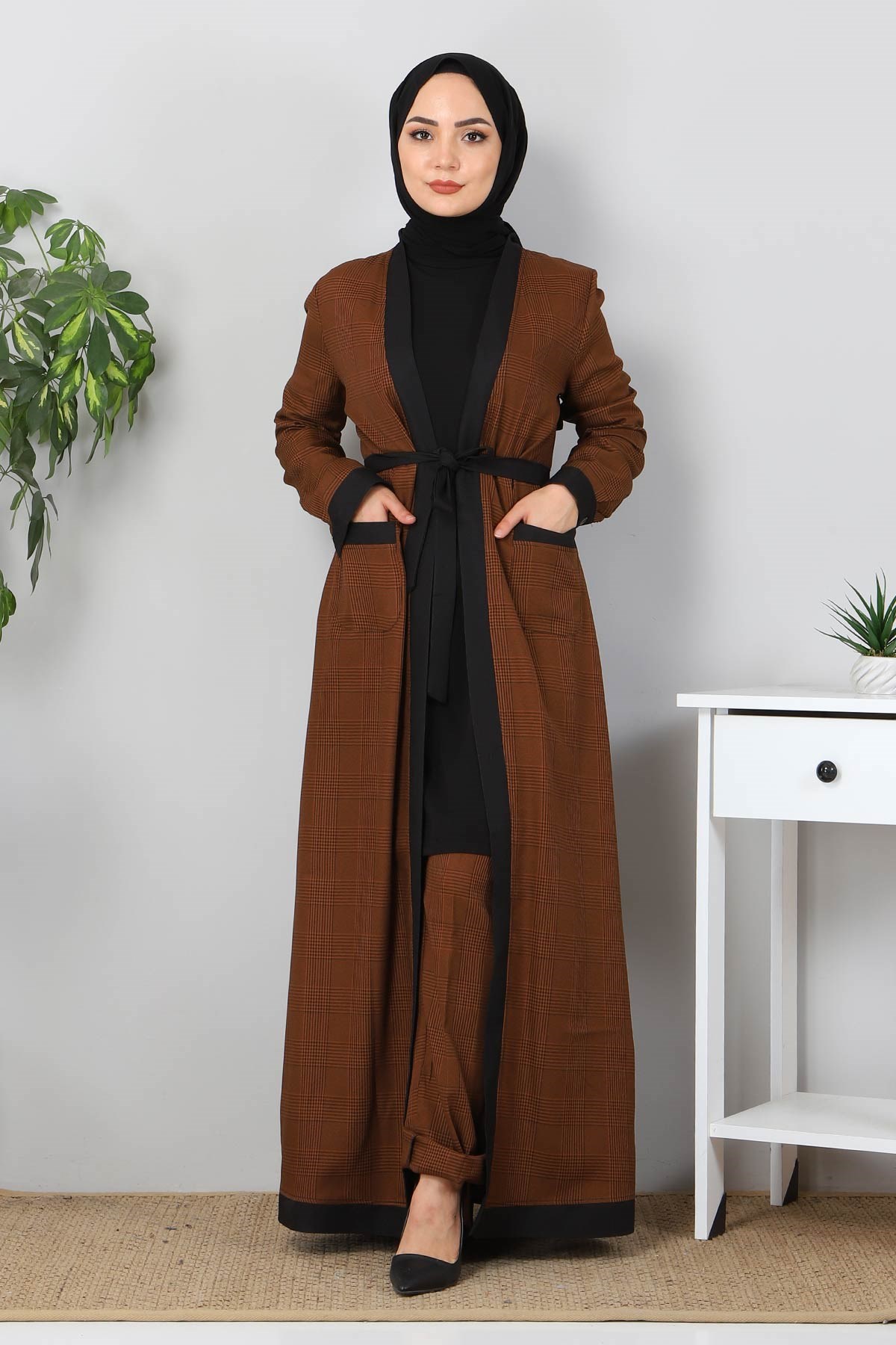 Ekose Desenli Tesettür Kombin Taba 10396