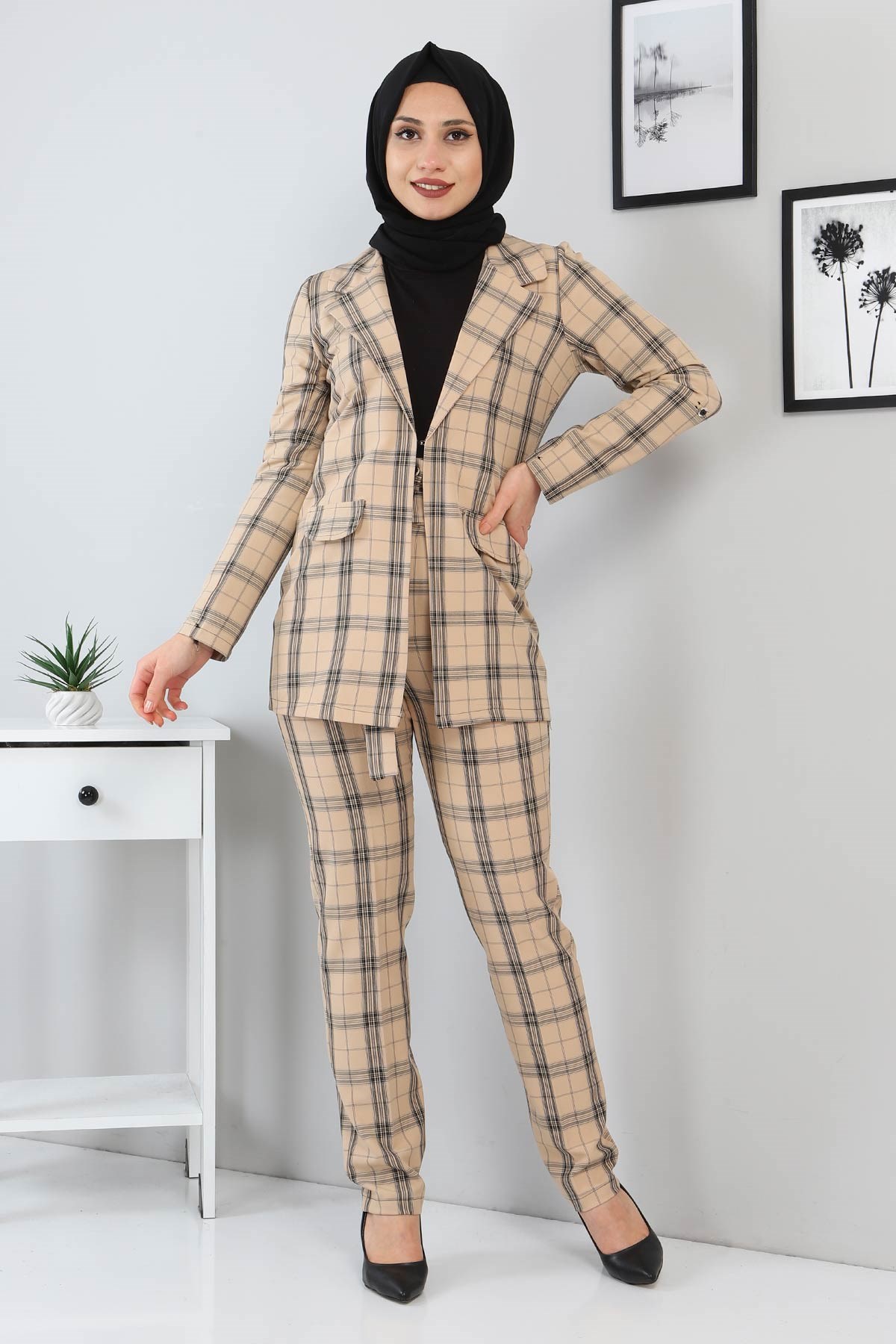 Ekoseli Ceketli Takım Bej 9957