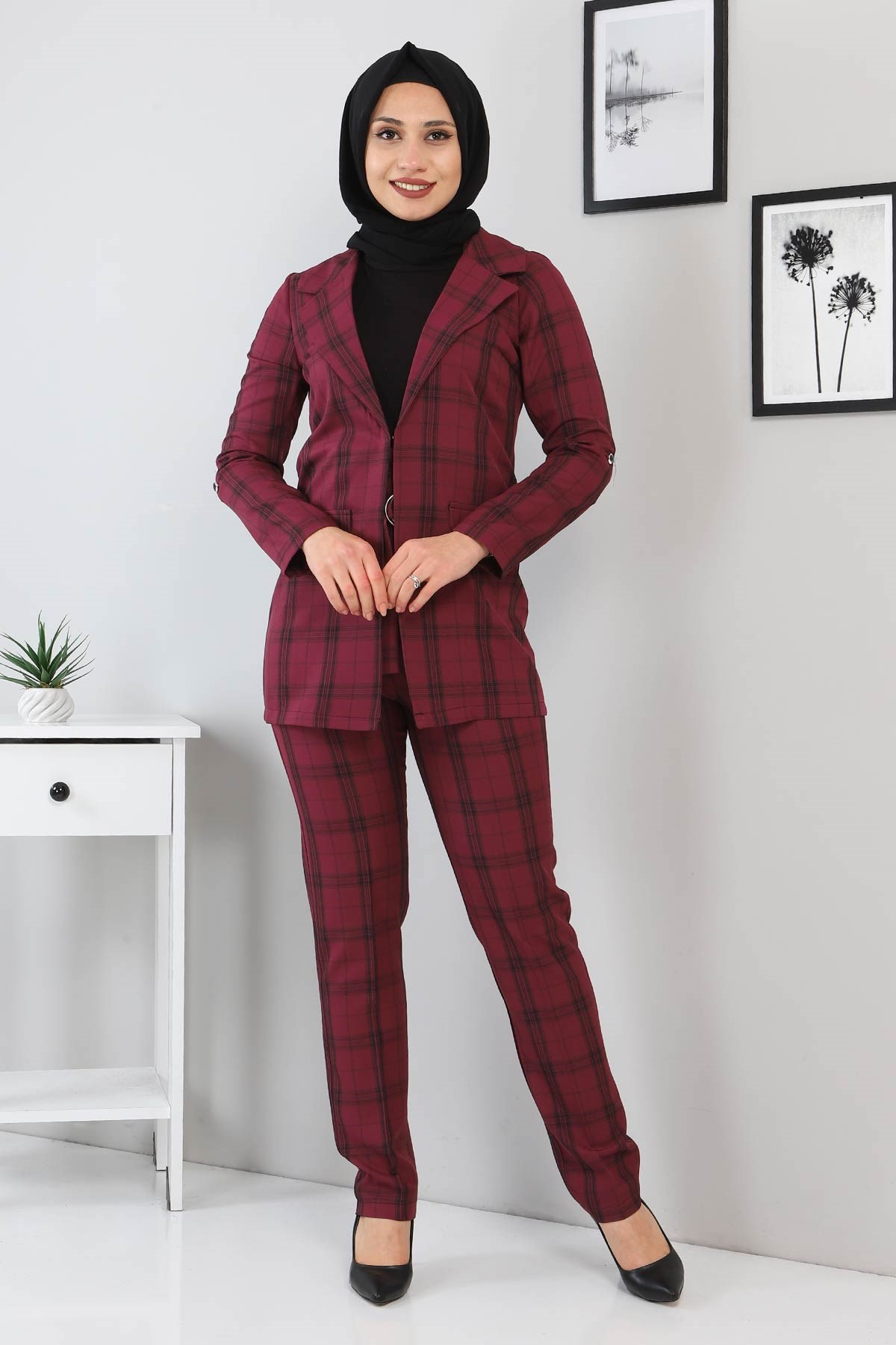 Ekoseli Ceketli Takım Mürdüm 9957