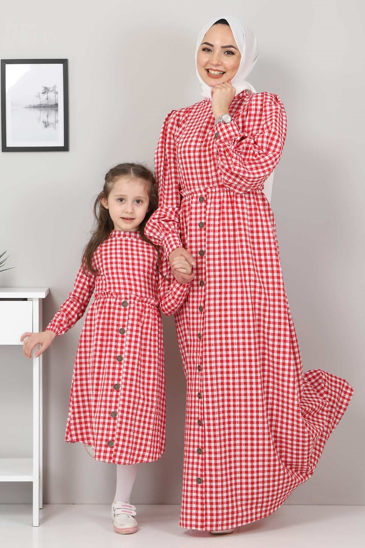 Ekoseli Düğmeli Anne Elbise Kırmızı 10760