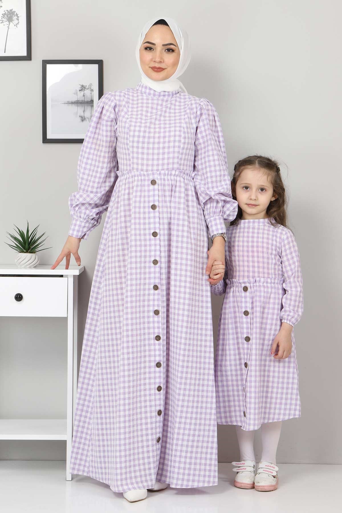 Ekoseli Düğmeli Anne Elbise Lila 10760