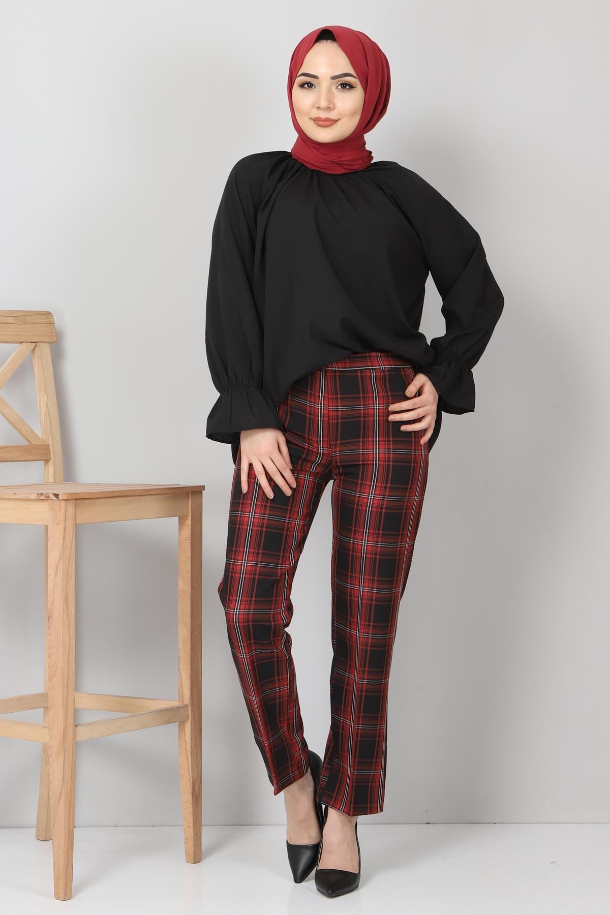 Ekoseli Kumaş Pantolon Bordo 10489-12